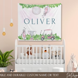 Roze golf kinderkamer wandtapijt, aangepaste golfbanner naam babymeisje, golfthema kinderkamer decor meisje, banner meisje speelkamer, babyshowercadeaus