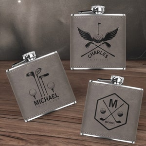 Golf groomsman leather hip flask personalized, Golf bachelorette weekend, Golf engagement party favor, Golf stag flask, Golf bachelor trip