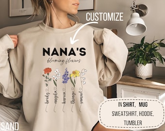 Camisa de jardín para abuela, regalo personalizado con el nombre de sus nietos para el día de la madre, regalo de cumpleaños personalizado para la abuela, regalo de flores personalizado para el mes de nacimiento.