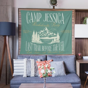 Custom Camping Luxury Bachelorette Club Banner, Hiking Bachelor Party Decorations, Forest bach wall hanging, camp birthday decor backdrop