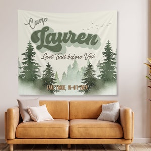 Custom Camp Bachelorette and Birthday Banner, Mountain Camp Bach party Favors, Lake Bachelorette Tapestry, Bachelorette Summer Party Decor