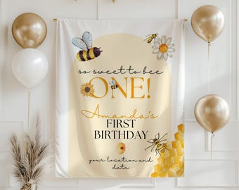 Bee Kids Birthday Banner Personalized, One-derful bee party decoration, My little honey turns one banner, Bee hive 1st birthday wall signage