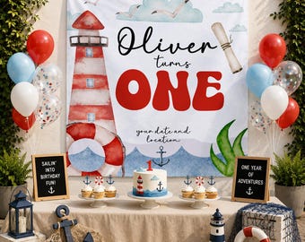 Bannière d'anniversaire sous la mer personnalisée, bannière nautique personnalisée pour le 1er anniversaire de garçon, toile de fond de fête d'anniversaire un océan, décoration marine