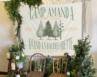 Benutzerdefinierte Lager Junggesellinnenparty Banner, Wandern Junggesellenabschied Dekoration, Letzte Spur vor dem Schleier, Camping Mädchen Wochenende Foto Dekoration