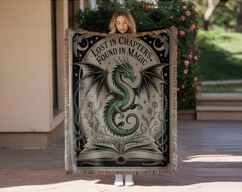 Bookish Dragon woven Blanket, Woven Tapestry Fantasy Blanket, Medieval Woven Blanket, Fantasy Library Tapestry, Whimsical book reader gifts