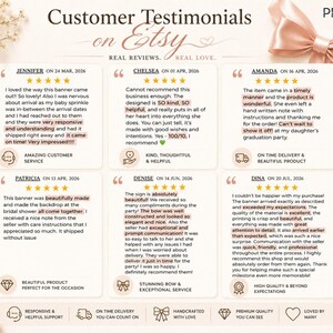 May include: A graphic display titled Customer Testimonials on Etsy featuring six individual five-star reviews from customers named Jennifer, Chelsea, Amanda, Patricia, Denise, and Dina, decorated with a large pink satin ribbon and dried flowers.