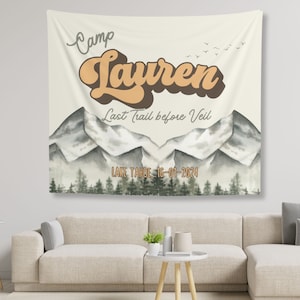 Personalized Cabin Birthday Banner Decoration, Bachelorette Camping Bach Party Decor Mountain theme, Hiking Bach Tapestry, Camp wedding deco