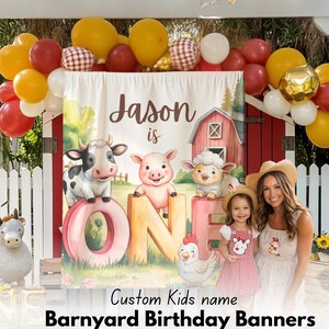 Pancarta para primer cumpleaños de granero, letrero de fiesta "Oink Moo I'm One", decoración de primer cumpleaños de animales de granja, bandera para silla alta con temática de granero para bebé niño o niña