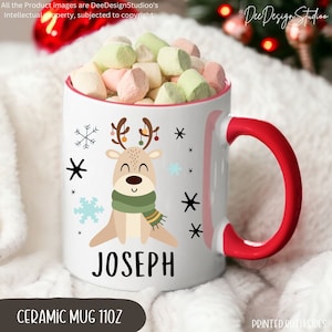 X-Mas Kid&#39;s Reindeer Hot Chocolate Mug with Name Personalized, Children&#39;s Shatterproof Hot Cocoa Cup for Holiday Camping, Christmas eve Box
