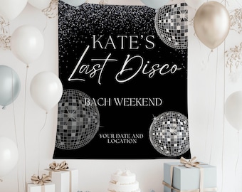 Bannière Last Disco Beach Bachelorette, toile de fond Bach personnalisée pour week-end, enseigne de mariée personnalisée, déco boule disco glam, enseigne de fête de mariage