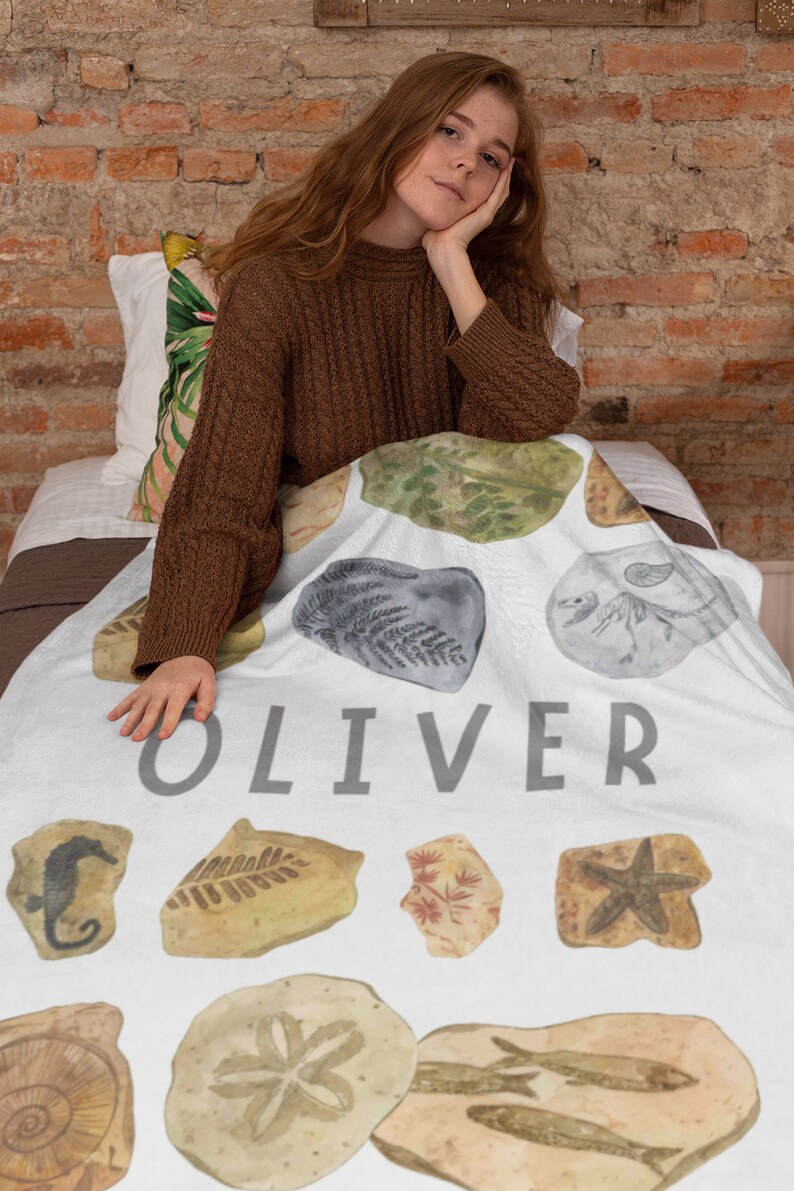 Personalized Fossils Boy Crib Blanket, Paleontology Theme Baby Shower