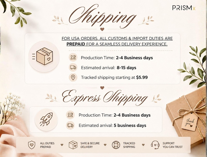 May include: An informational graphic titled Shipping and Express Shipping with the PRISMX logo. It details production times of 2-4 business days, arrival estimates of 8-15 days or 5 business days, and shipping costs starting at $5.99 for USA orders.