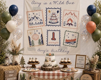 Kampeer eerste verjaardag stempel banner, custom camping verjaardagsfeestje decor bord, kinderen kampvuur eerste verjaardag achtergrond, outdoor avontuur wandtapijt