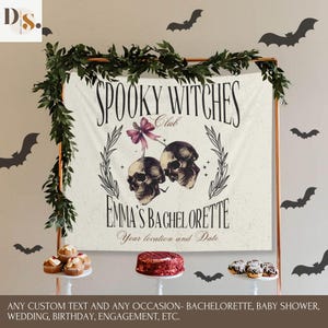 Custom Halloween Bride or Die Party Backdrop, Witch Coven Bach Sign, Personalized Skeleton Birthday Decoration, Gothic Tapestry wall hanging