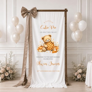 We kunnen bijna niet wachten! Herfst babyshower banner, Teddybeer herfst stoffen welkomstbord, bos thema baby shower achtergrond, herfst baby reveal decoratie