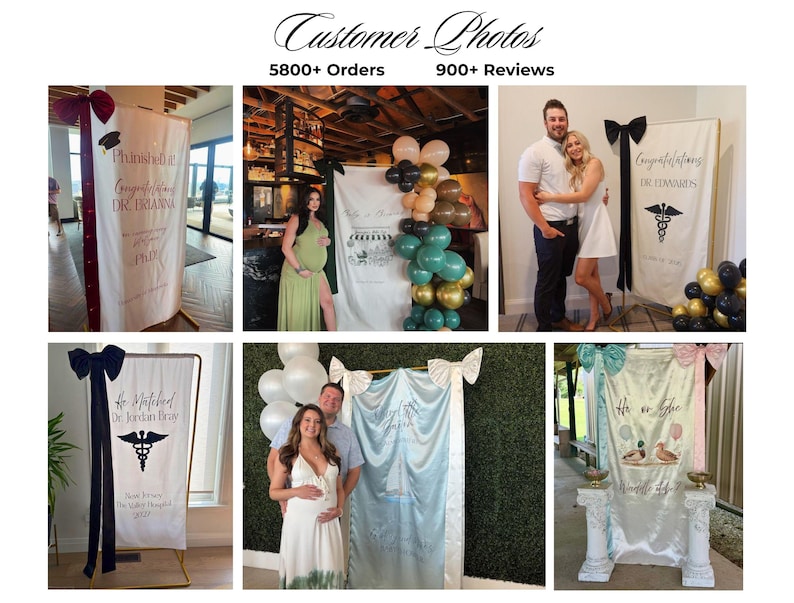 May include: A collection of six vertical fabric banners displayed on metal stands, featuring various custom printed designs, text, and large decorative bows at the top. The banners are used as event backdrops for graduations, baby showers, and gender reveals.