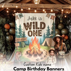 Camp First Birthday Party Decor Banner, Happy Camper 1st Bday Sign, Woodland Adventure Party Decor, Baby Boy or Girl Camp High Chair Flag