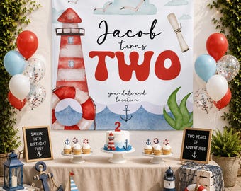 Bannière d'anniversaire marine personnalisée, bannière nautique personnalisée pour le 2e anniversaire de garçon, toile de fond bleu océan pour fête d'anniversaire, décoration sous la mer