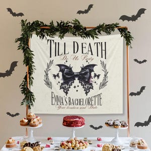 Custom Halloween Bride or Die Party Backdrop, Witch Coven Bach Sign, Personalized Skeleton Birthday Decoration, Gothic Tapestry wall hanging
