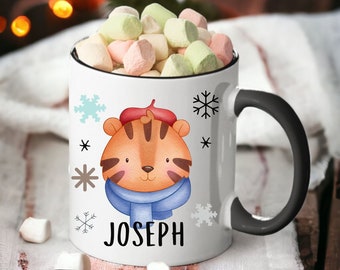 Tazza di cioccolata calda natalizia personalizzata per bambini con nome "Leoncino", tazze infrangibili per bambini, per feste di Natale per bambini piccoli, tazza da campeggio con cacao