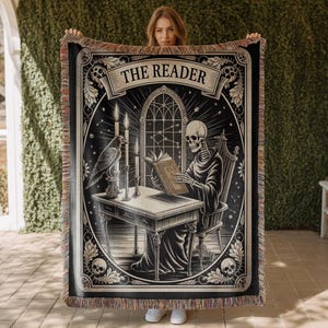 The Reader Skeleton Woven Blanket, Halloween reading gift, home library blanket tapestry, cozy booktok decor, Gothic teacher reader gift