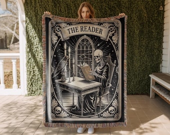 The Reader Skeleton Woven Blanket, Halloween reading gift, home library blanket tapestry, cozy booktok decor, Gothic teacher reader gift