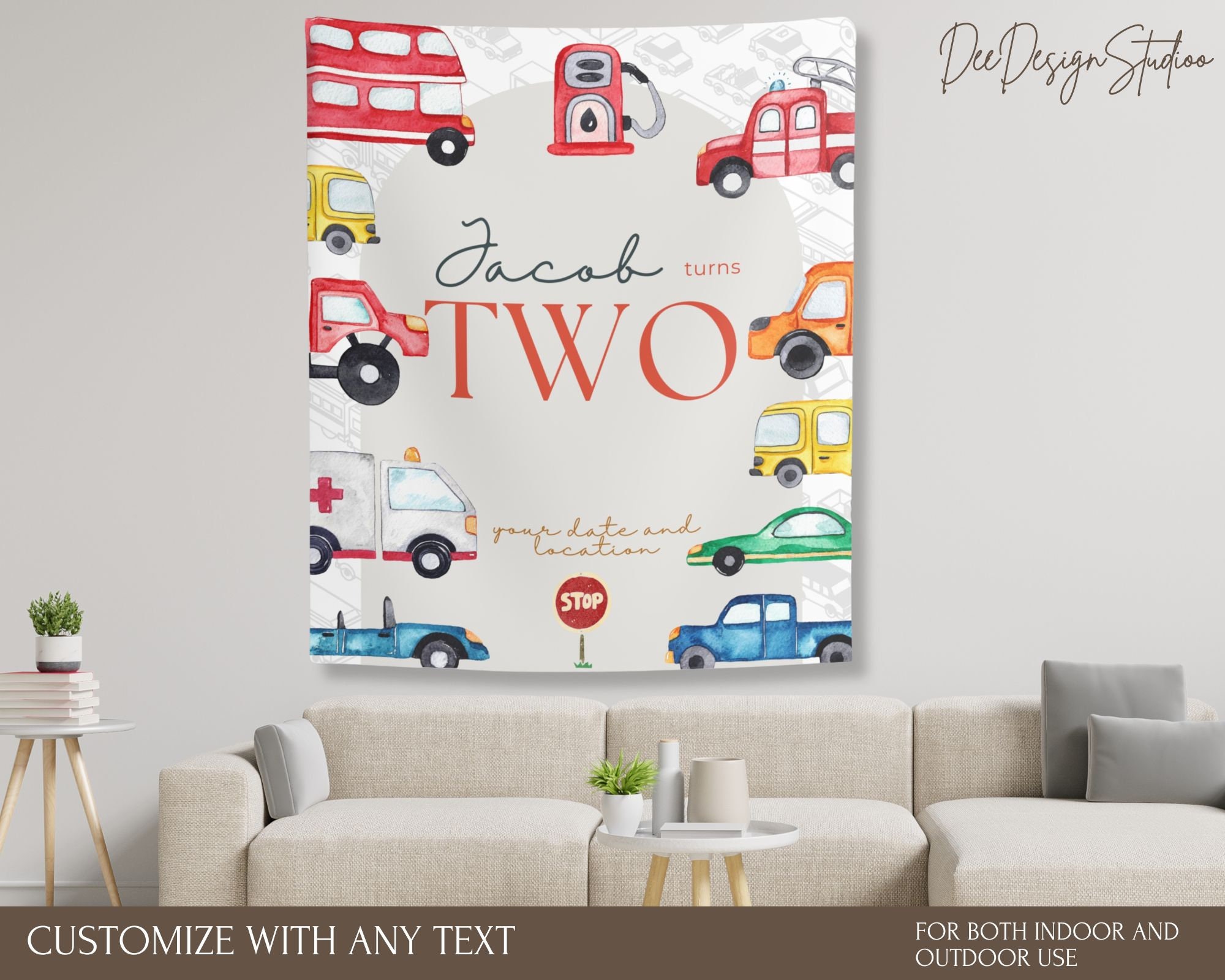 Transportation Birthday Named Banner sign, Vehicle Lover Second Birthday Custom banner decor, 2nd Birthday Personalized welcome Wall drape
