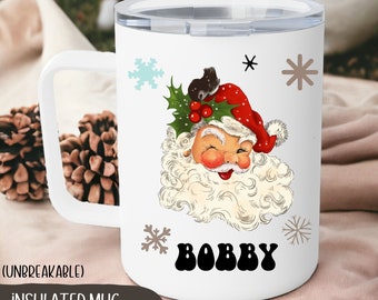 Tazza di cioccolata calda per bambini a forma di Babbo Natale con coperchio infrangibile, tazza di cioccolata calda natalizia con nome per bambini, regalo di Natale per bambini piccoli, tazza da campeggio per le vacanze invernali
