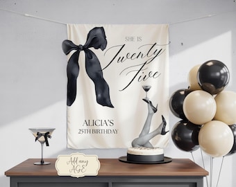 Black Minimalist coquette cocktail Birthday banner backdrop, 25th Espresso Martini Birthday sign, Bow Cocktail Party Tapestry decoration