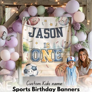 Banner de primer cumpleaños deportivo, letrero de primer cumpleaños para niño, decoración para fiesta All Star, banner de Novato del Año, fondo deportivo con nombre temático del día del juego