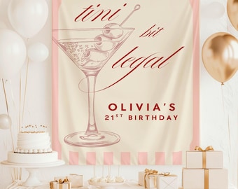 Martini 21e verjaardagsfeestje banner achtergrond, vrouwen aangepaste roze 21e verjaardag welkomstbord, gepersonaliseerd 21e decoratie wandtapijt, wanddecor
