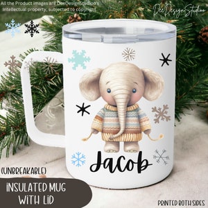 Kids hot chocolate Enamel Mug with Lid Personalized, Woodland Animal Christmas Hot Cocoa mug, Camping coffee cup for toddler, Kid Camp mug