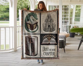 Fictional Dragons Bookish Blanket, Fantasy Dragon Woven Blanket, One More Chapter Tapestry, Fantasy Romance Reader Gift, fantasy book merch