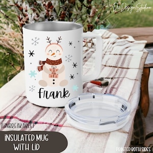 Snowman Reindeer Christmas Mug with Lid for Kids, Hot Chocolate Mug for Kids with Name, Personalized Kids Xmas Cocoa Mug, Toddler X-mas gift