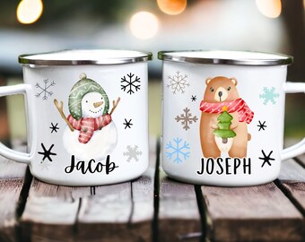 Snowman Christmas Hot Chocolate Mug for Kids Personalized, Children's Holiday X-mas Camping hot Cocoa Mug, Woodland Kids Party Favor Gifts