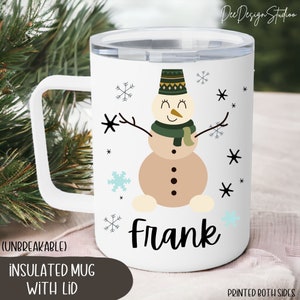 Snowman Mug for Kids Personalized, Hot Chocolate / Coffee Mug for Boys, Kids Shatterproof Camping Mugs, X-Mas Party present, Children&#39;s Gift