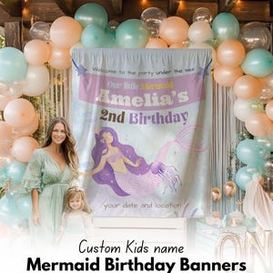 Mermaid Girl&#39;s First Birthday Banner, Under the Sea Party Decor, Girl 1st Bday Tapestry, Custom Mermaid Pastel Birthday Backdrop for Baby