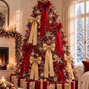 Könnte beinhalten: Ein geschmückter Weihnachtsbaum mit roten und goldenen Ornamenten, großen Satin-Schleifen in Rot und Gold sowie einem Stern als Spitze. Der Baum ist von Geschenkpaketen mit roten und goldenen Bändern umgeben, in einem Raum mit Kamin.