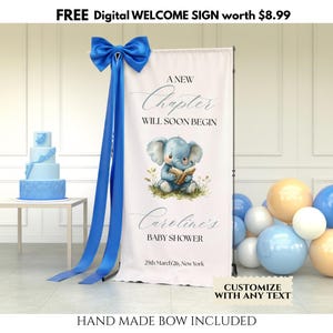 Dekorationer för babyshower i A New Chapter, rustik blå babyshowerbanderoll med sagobok och pojkemotiv, bakgrund med elefant- och djurmotiv för babyshower,