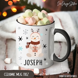 Taza de chocolate caliente personalizada con diseño de muñeco de nieve para niños, ideal para rellenar cajas de Nochebuena, recuerdos de fiesta de cumpleaños infantiles, taza de chocolate caliente para niños pequeños.