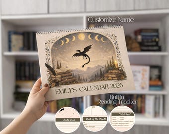 2026 Calendar + Tracker Book lover, Fantasy Dragon 2026 calendar, mythical calendar, Medieval office calendar decor, Bookish calendar 2026