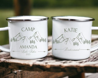 Mountain Camp Bachelorette Emaillebecher mit Namen Personalisiert, Brautparty Geschenke, Campingtasse Brautjungfern Bach Party Präsent, MOH Geschenkidee