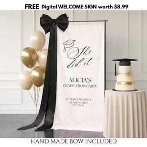 Personalized graduation banner, Custom 2026 graduate name welcome sign, Congratulation grad photo backdrop yard sign decor, She did it flags