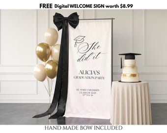 Personalized graduation banner, Custom 2026 graduate name welcome sign, Congratulation grad photo backdrop yard sign decor, She did it flags
