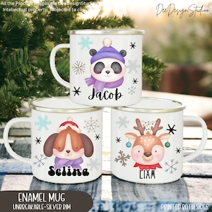 Woodland Animals Christmas Hot Cocoa Enamel Mug for Kids Custom, Kids Winter Holiday Gift Idea Stocking Stuffer, Hot Chocolate Camping Mugs
