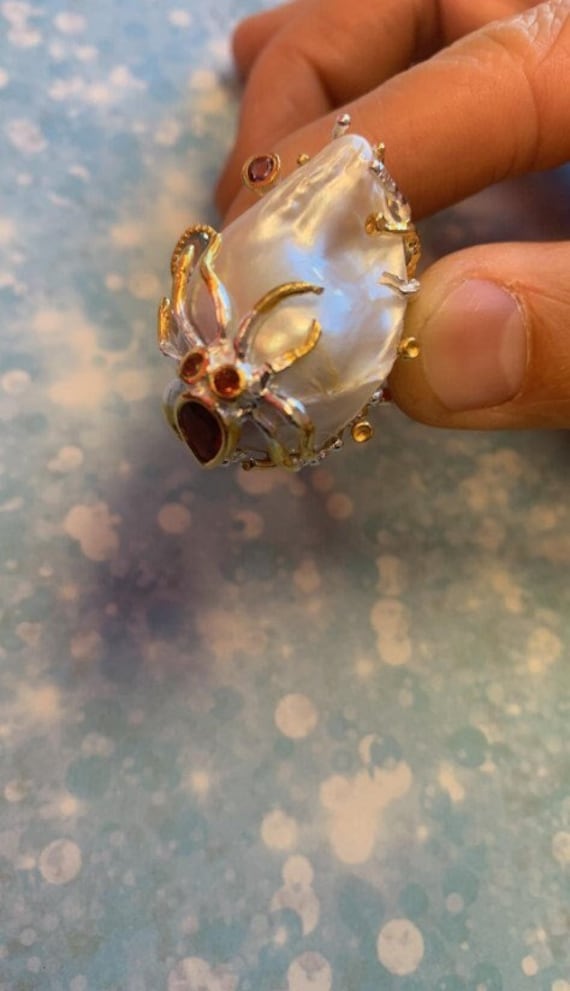 Squid Natural Pearl Ring with 925 silver band 30+… - image 1