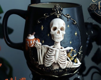 Halloween Skeleton Pumpkin Spice Mug, Skull Mug, Black Cat Mug, Supernatural, Horror Movie Gifts, Cottagecore Pumpkin, Funny Halloween Decor