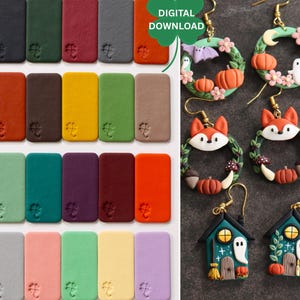 Könnte beinhalten: Eine Sammlung farbenfroher rechteckiger Lederpatches mit Kleeblattmuster, zusammen mit handgefertigten Halloween-Ohrringen. Die Ohrringe zeigen Designs wie Kürbisse, Geister, Fledermäuse, Füchse und Häuser. Der Text "DIGITAL DOWNLOAD" ist enthalten.