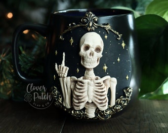 Skeleton Mug | Skull Mug | FU Black | Supernatural | Horror Movie Gifts | Cottagecore Pumpkin | Funny Halloween Decor | Gift