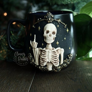 Skeleton Mug | Skull Mug | FU Black | Supernatural | Horror Movie Gifts | Cottagecore Pumpkin | Funny Halloween Decor | Gift